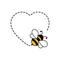 Cute bee flying icon. Heart dotted lines path with start point and dash line trace